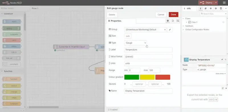 Open the Display Temperature node and get access to the Edit gauge node