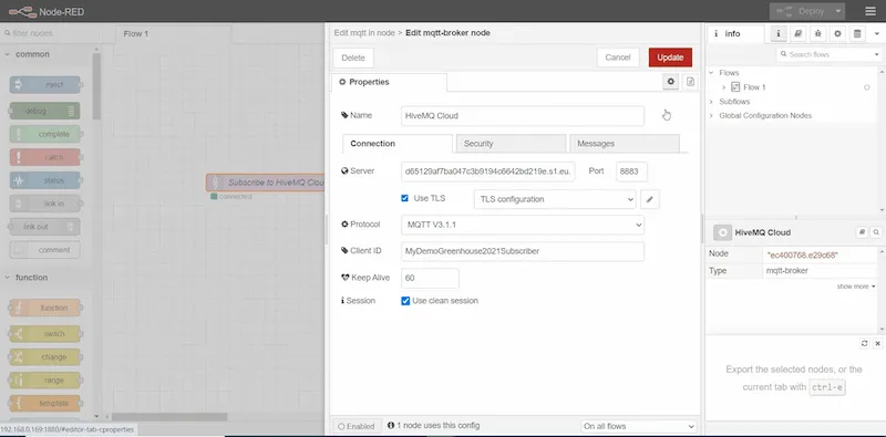 Double click onto the MQTT subscribe node and use the same HiveMQ Cloud settings