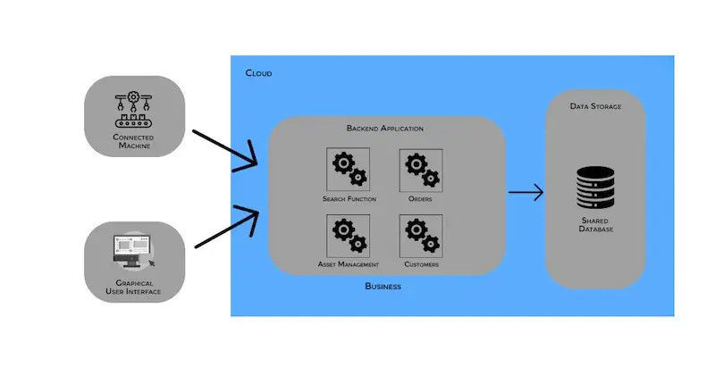 User interface, business logic, and database are combined into a single program residing on a single server