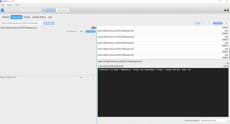 Connect to HiveMQ Cloud and subscribe to the same topic