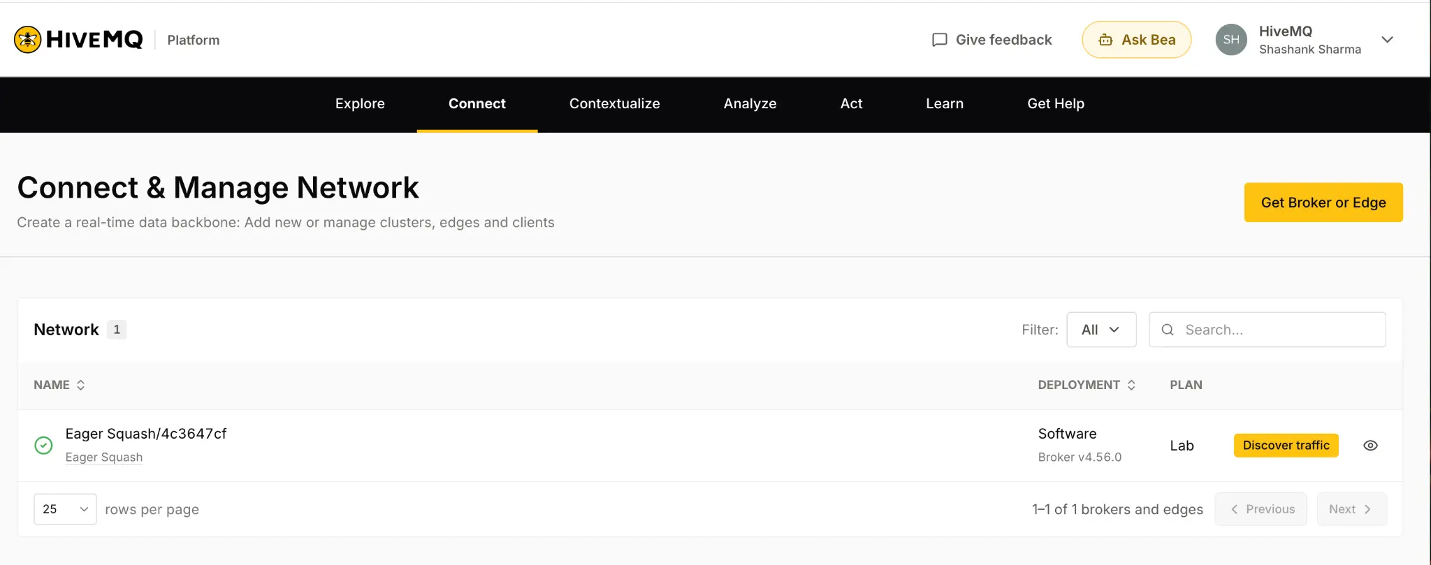 Connect tab network list showing a self-managed HiveMQ broker marked as connected, with a Discover traffic button