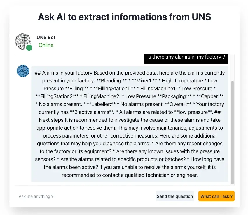 Sample example to start asking questions about our UNS data to Gemini