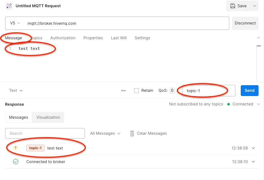 Connecting an MQTT Broker and sending a test text message using Postman