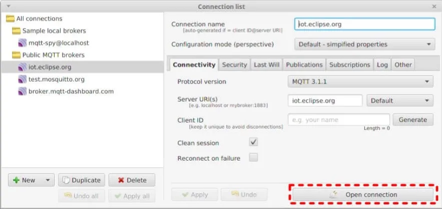 Open connection button in the connection list tab