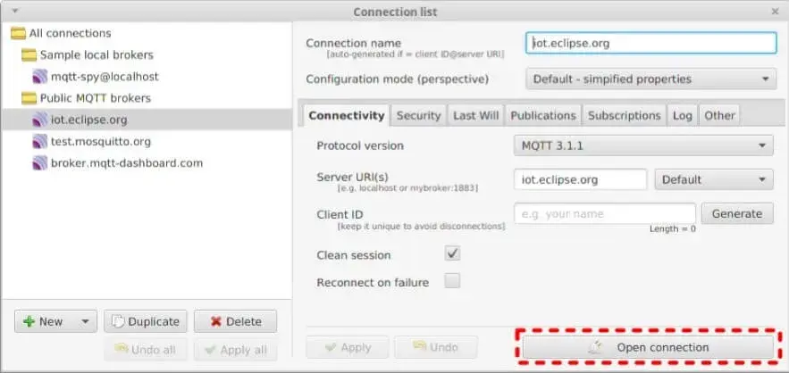 Open connection button in the connection list tab