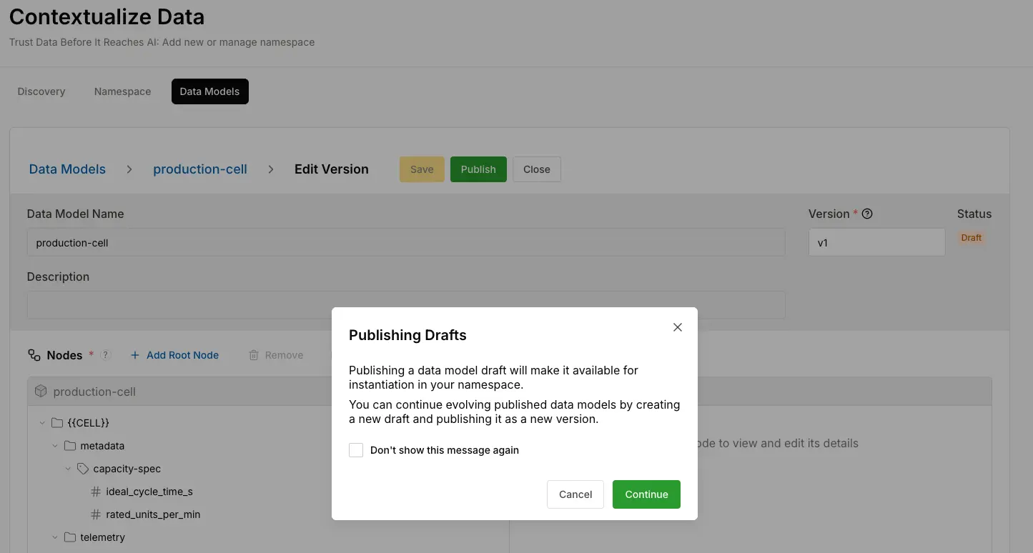HiveMQ Contextualize dialog for publishing a reusable production-cell data model