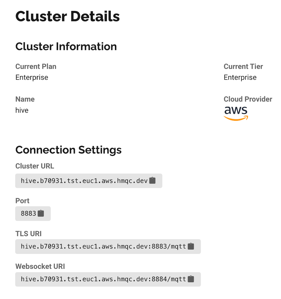 HiveMQ Cloud console offering an overview of all fully managed clusters in a single place.