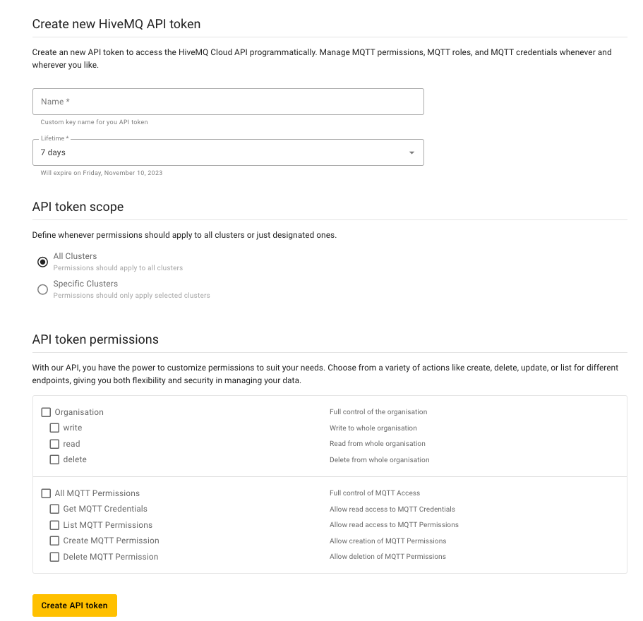 Create a new HiveMQ API token with HiveMQ Cloud Starter