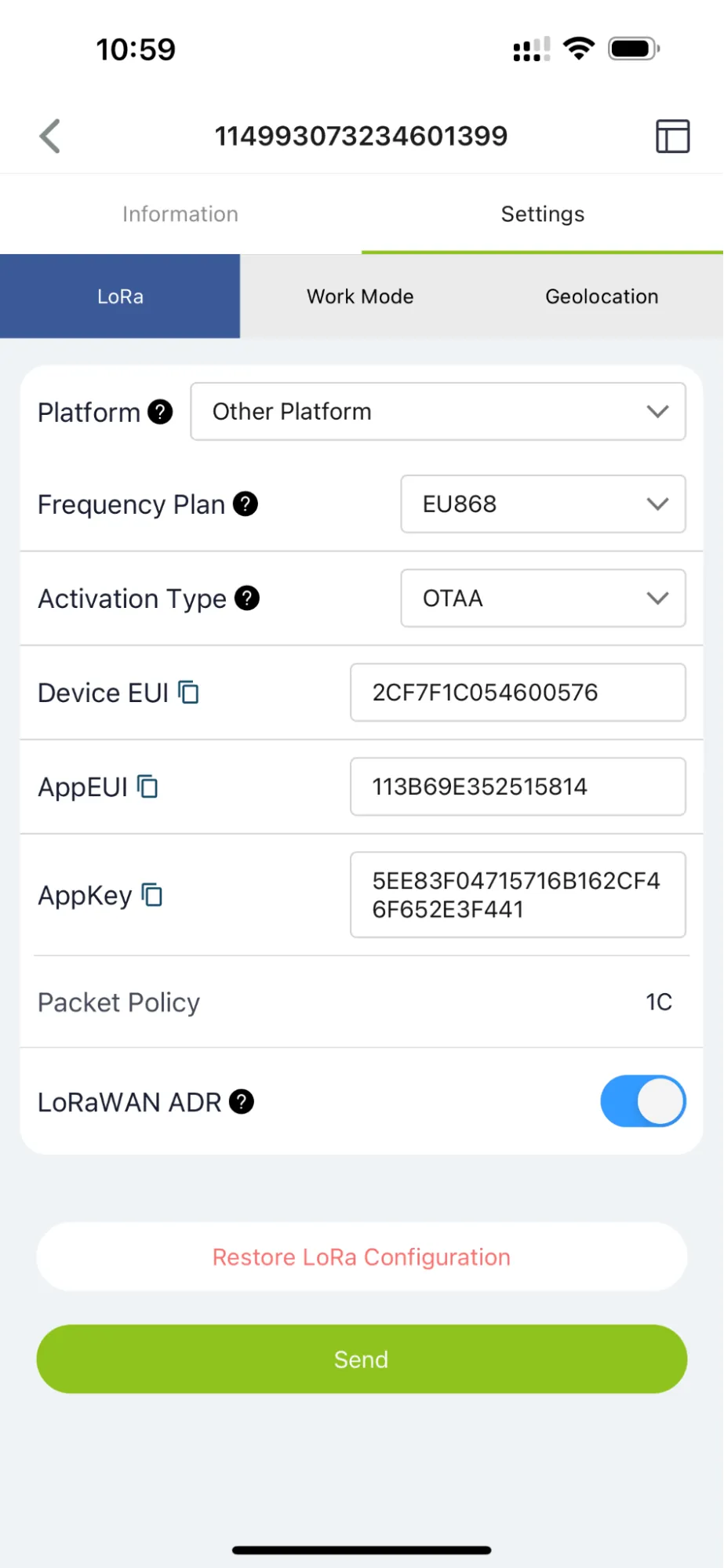 Save the Device EUI and the Application Key