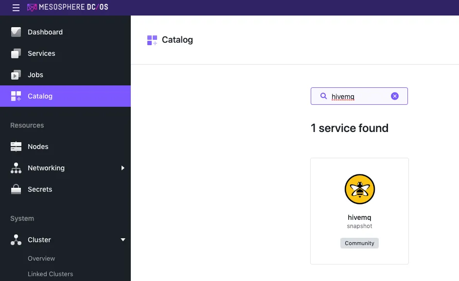 Selecting HiveMQ Service on Mesosphere DCOS Catalog