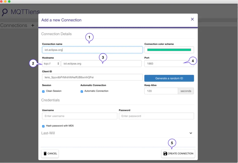 MQTTlens Add a New Connection