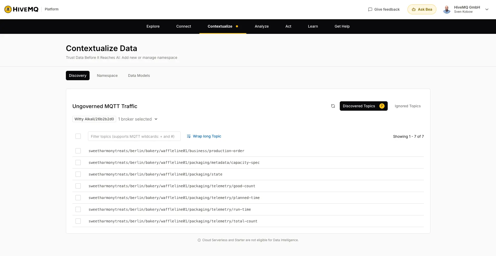 HiveMQ Contextualize Discovery tab displaying MQTT topics available for namespace creation