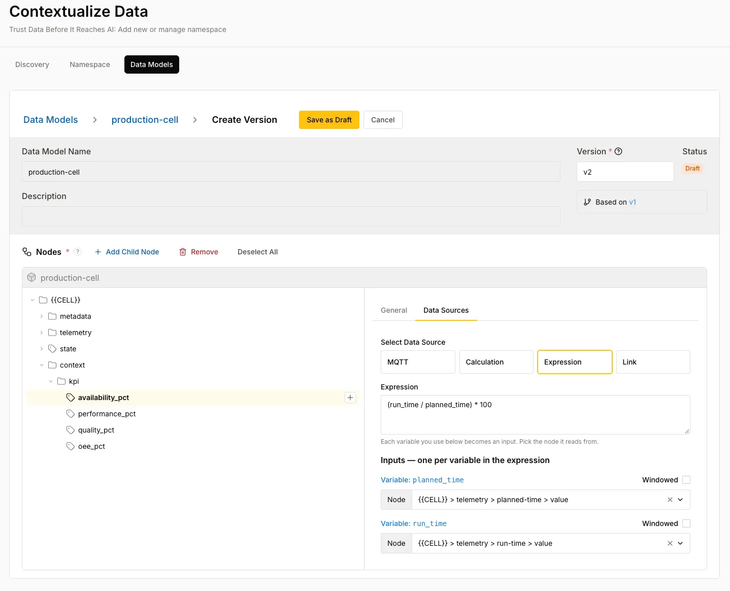 HiveMQ production-cell data model with context and KPI nodes for OEE calculations