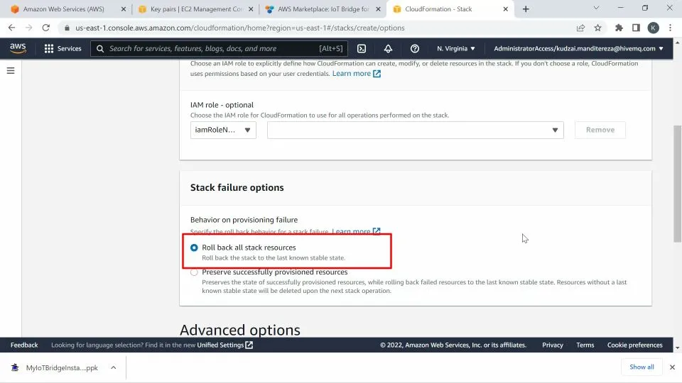 Configure stack options page