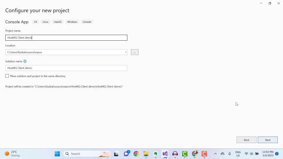 Visual Studio IDE Configure Your New Project