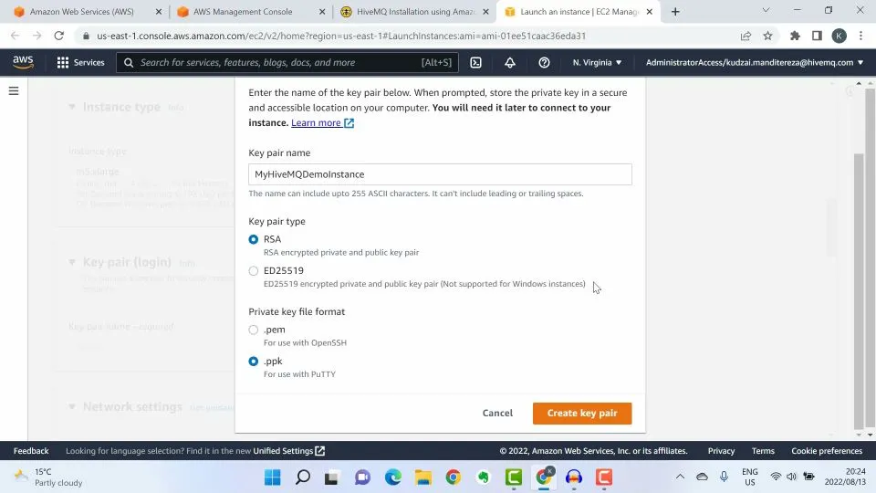 Naming the keypair name as MyHiveMQDemoInstance