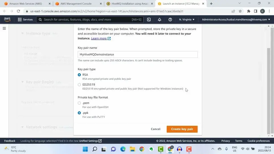 Naming the keypair name as MyHiveMQDemoInstance