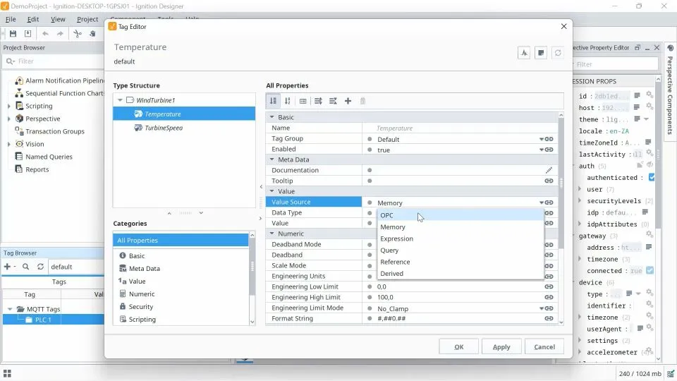 click Selecting Temperature property, and then selecting OPC under Value Source in Ignition