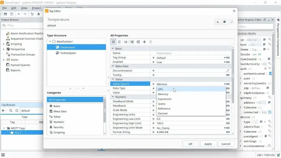click Selecting Temperature property, and then selecting OPC under Value Source in Ignition