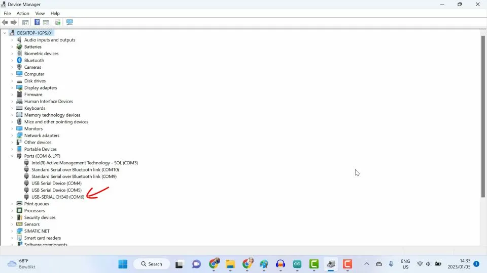 A new COM port appears on the Device Manager