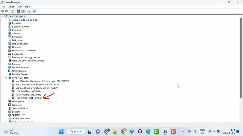 A new COM port appears on the Device Manager