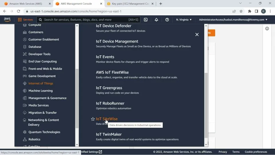 Under Internet of Things, select IoT Sitewise on AWS