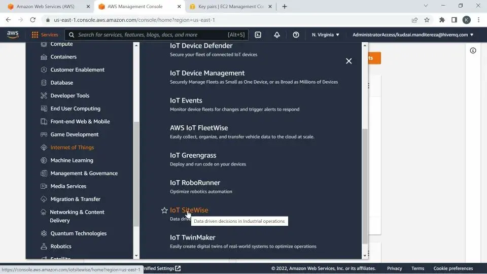 Under Internet of Things, select IoT Sitewise on AWS