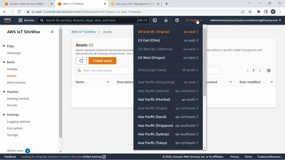 AWS IoT Sitewise region set to US East 1 North Virginia