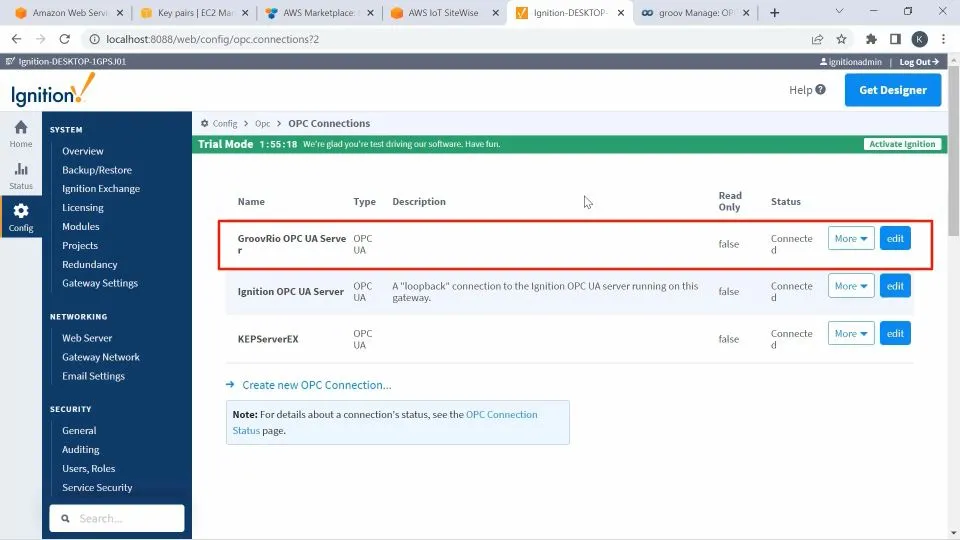 Checking if you have a connection to the Groov RIO OPC UA Server
