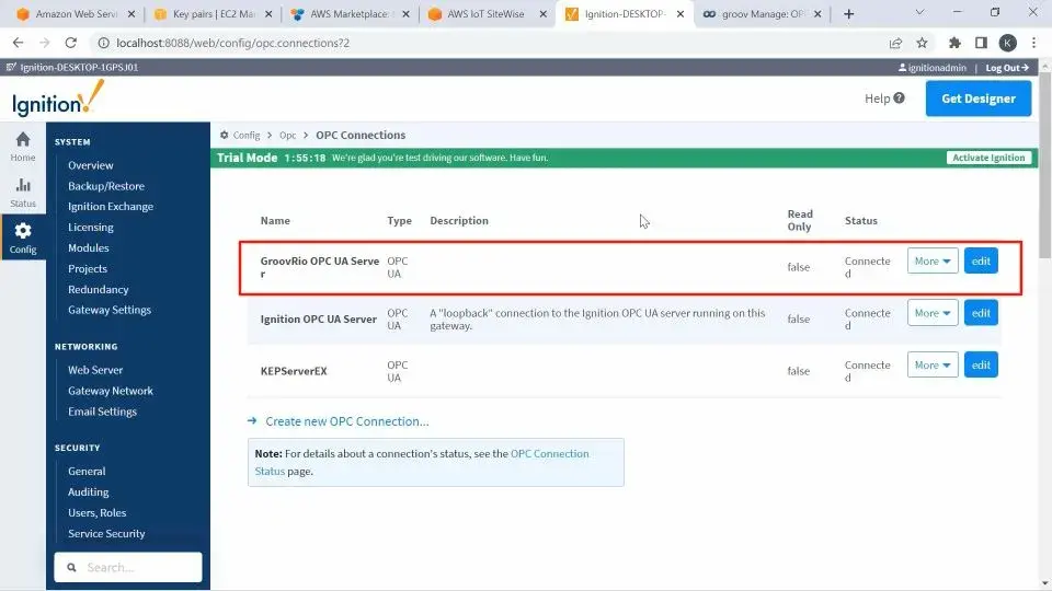 Checking if you have a connection to the Groov RIO OPC UA Server