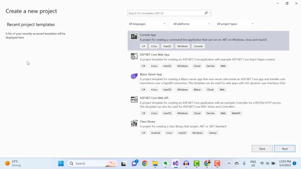 Visual Studio IDE Create a New Project