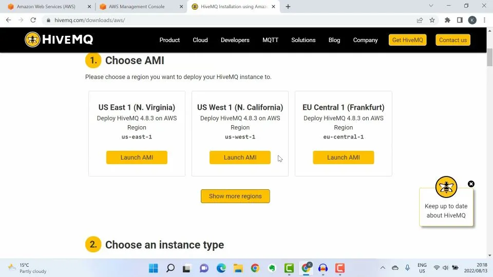 Select a region where you want to deploy the HiveMQ MQTT Broker instance