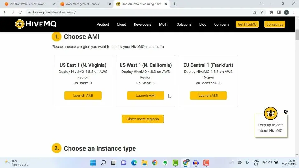 Select a region where you want to deploy the HiveMQ MQTT Broker instance