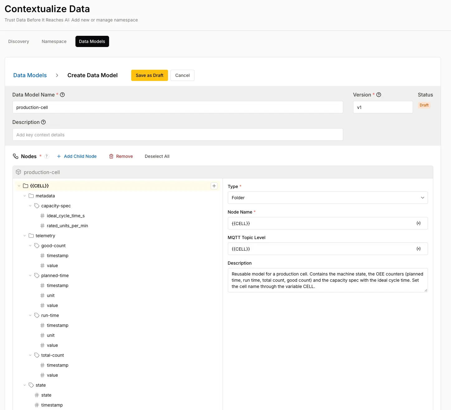 HiveMQ production-cell data model with configurable CELL variable and MQTT topic hierarchy
