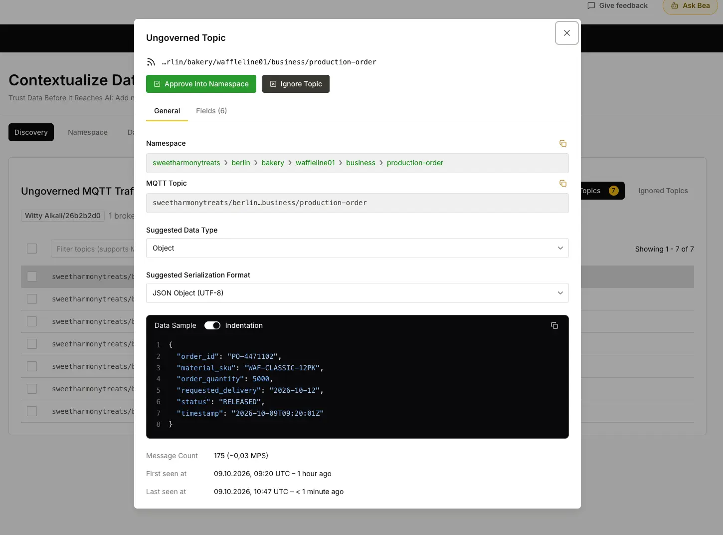 HiveMQ Contextualize showing an MQTT topic with its message payload and detected data format