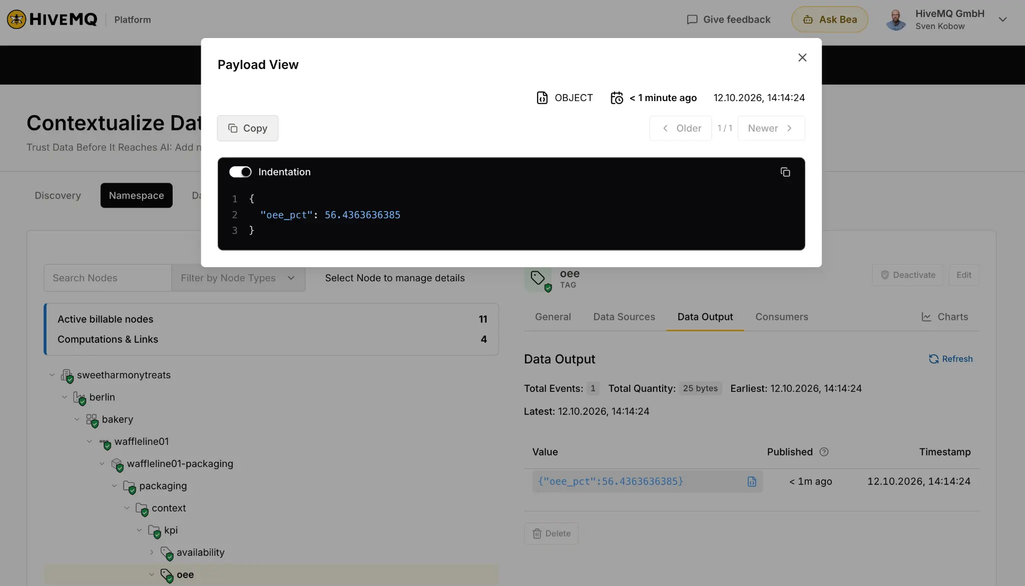 HiveMQ Contextualize Data Output showing a computation over stored MQTT data history