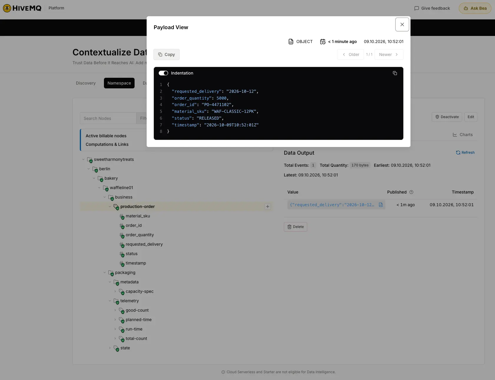 HiveMQ Contextualize Consumers tab showing dependencies between Unified Namespace nodes