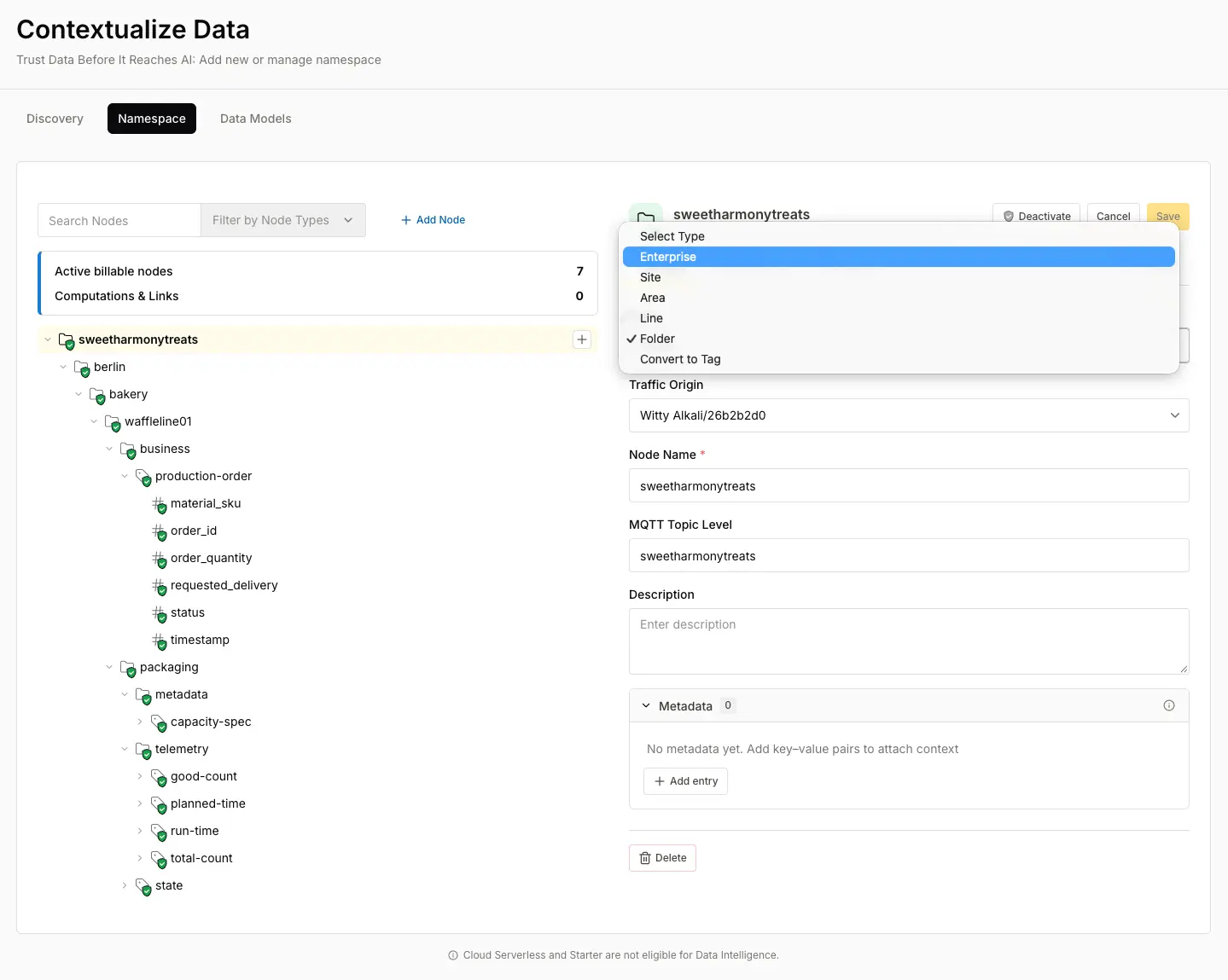 HiveMQ Contextualize interface for assigning node types in an ISA-95 namespace hierarchy
