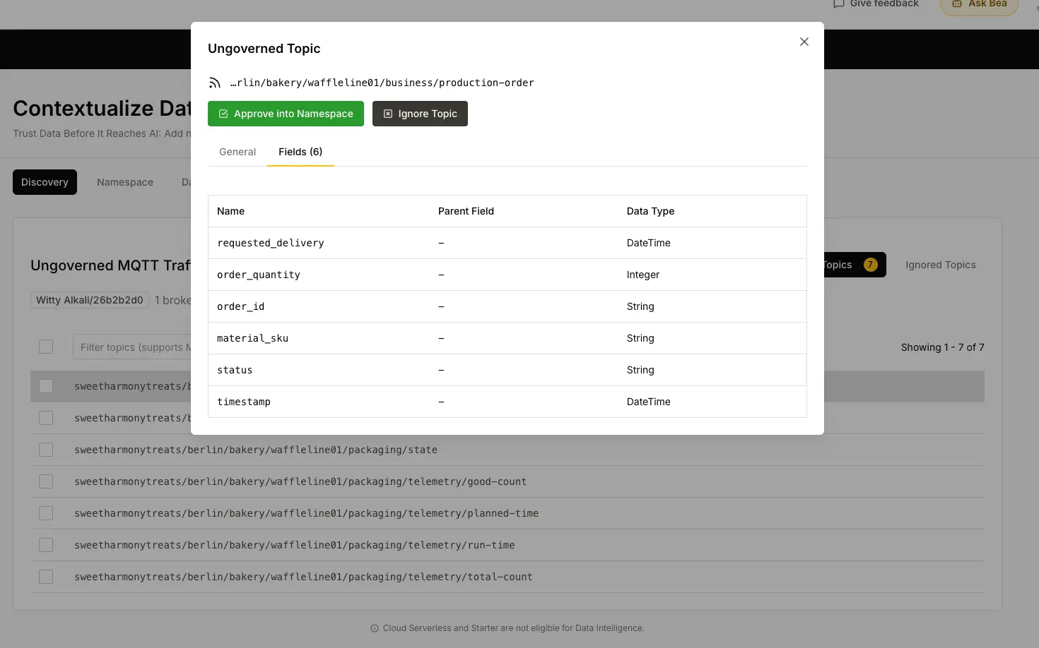 HiveMQ Contextualize displaying fields automatically inferred from an MQTT JSON payload